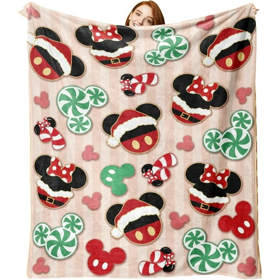 Christmas Cartoon Mouse Flannel Blanket, Xmas Peppermint Candy Throw Blanket Gifts for Kids Men Women, Funny Holiday Stripes Soft Blanket for Bedding Sofa 50 x 60 Inch
