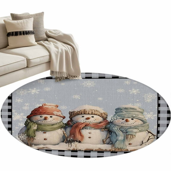 Christmas Cartoon Round Area Rug 3.3ft Snowman Black Plaid Non-Slip Washable Circle Rugs Soft Felt Indoor Floor Mat for Bedroom Kitchen Living Room Bathroom