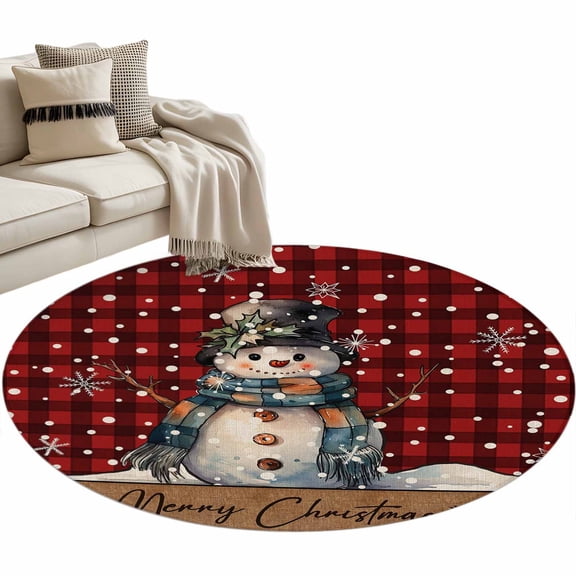 Christmas Cartoon Round Area Rug 3.3ft Snowman with Snowflakes Red Plaid Non-Slip Washable Circle Rugs Soft Felt Indoor Floor Mat for Bedroom Kitchen Living Room Bathroom