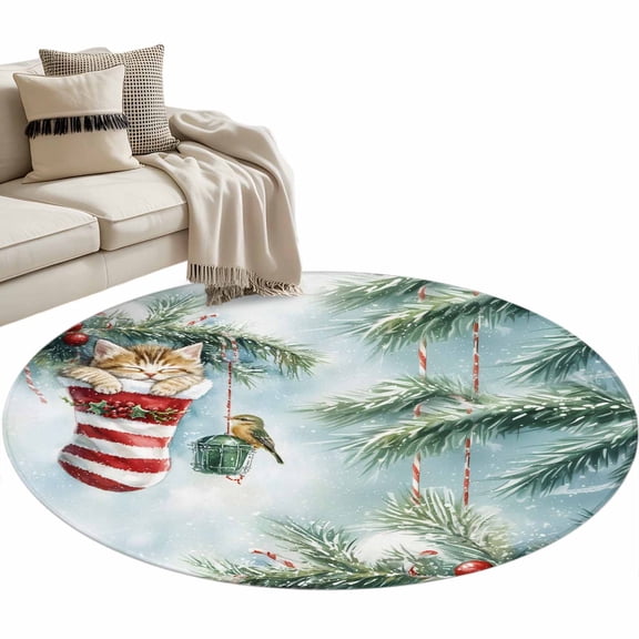 Christmas Cartoon Round Area Rug 3ft Xmas Sock Red Berry Cat Bird Non-Slip Washable Circle Rugs Soft Felt Indoor Floor Mat for Bedroom Kitchen Living Room Bathroom