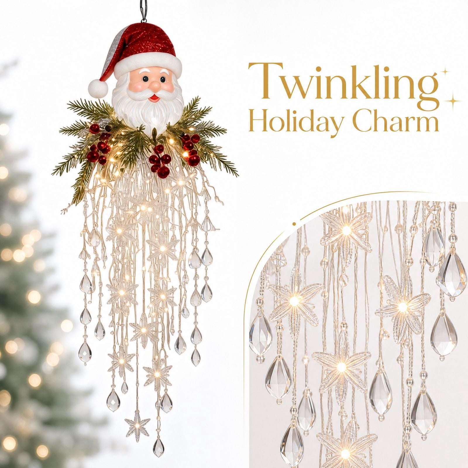 Christmas Cascade Crystal Light Hanging Santa LED Porch Decoration Pine ...