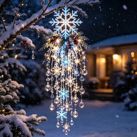 Christmas Cascading Pendant, LED Holiday Hanging Light, Glowing Festive Character Ornament for Tree Eaves and Window