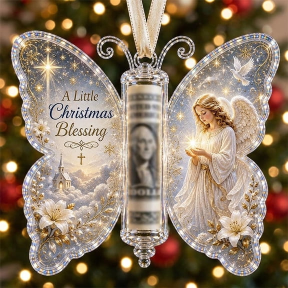 Christmas Cash Gift Butterfly Ornament,Acrylic Christmas Tree Cash Holder Car Ornament with Built‑in Clear Compartment for Christmas Tree, Window,Car