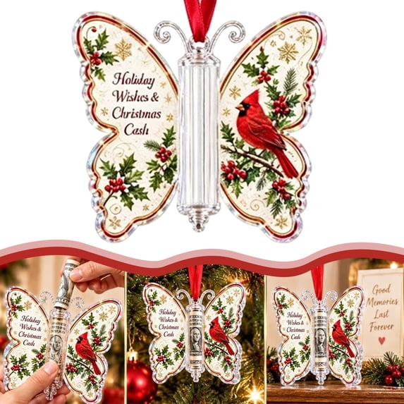 Christmas Cash Gift Butterfly Ornament, Christmas Cash Gift Holder Ornament, Acrylic Holiday Money Holder, with Built‑in Clear Compartment, Christmas Home Decor for Christmas Tree, Window, Car