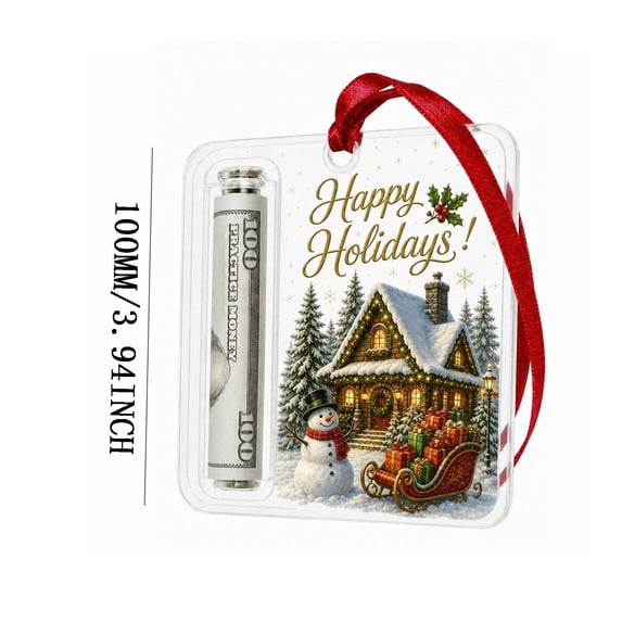 Christmas Cash Gift Holder Ornament,Clear Acrylic Christmas Money Holder for Cash,Funny Hanging Xmas Tree Decoration with "Happy Holidays!" Sign