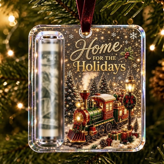 Christmas Cash Gift Holder Ornament, Clear Christmas Money Holders For Cash,Funny Holiday Xmas Tree Hanging Ornaments Decor(1Pcs,Vintage Christmas Train Scene)