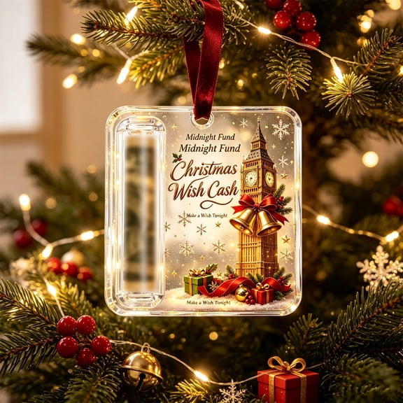 Christmas Cash Gift Holder Ornament, Crystal-Clear Money Holders for Cash, Funny Holiday Christmas Tree Hanging Ornaments Decor (1Pcs,Clock Tower Bells Christmas Scene)