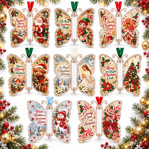 Christmas Cash Gift Ornament, 8Pcs Butterfly Acrylic Money Holder for Cash, Clear Xmas Tree Hanging Decoration, Unique Stocking Stuffer Money Gift B