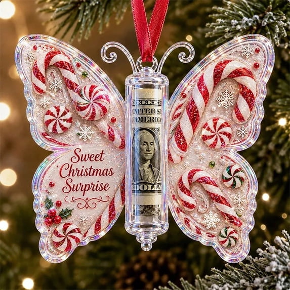 Christmas Cash Gift Ornament, Acrylic Christmas Money Holder, Butterfly Shaped Christmas Ornament, Festive Printed Tree Keepsake, Seasonal Hanging Bauble, Funny Xmas Tree Hanging Ornament Decor