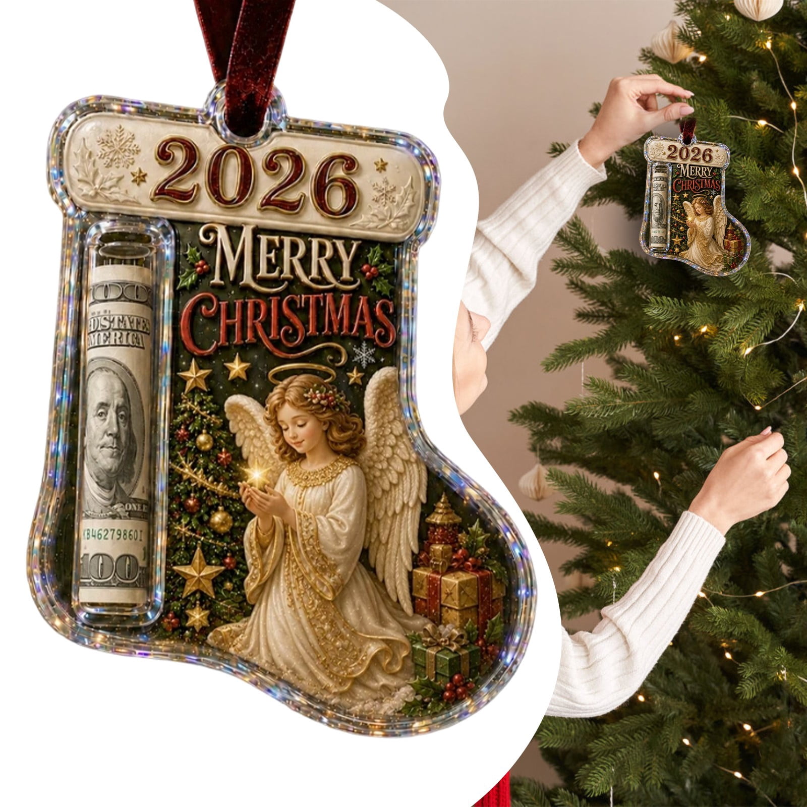 Christmas Cash Gift Ornament, Acrylic Christmas Money Holder for Cash ...