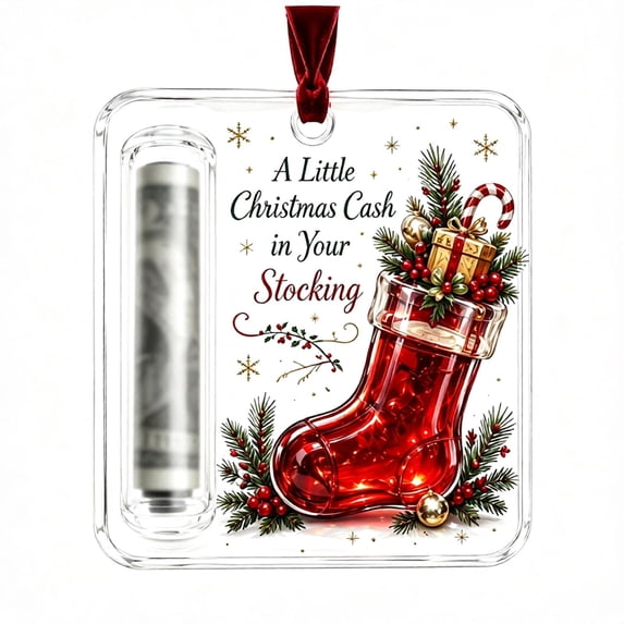 Christmas Cash Gift Ornament Acrylic Money Holder for Cash - Clear Rolled Bill Storage Case with Funny Festive Holiday Design, Hanging Christmas Tree Decoration