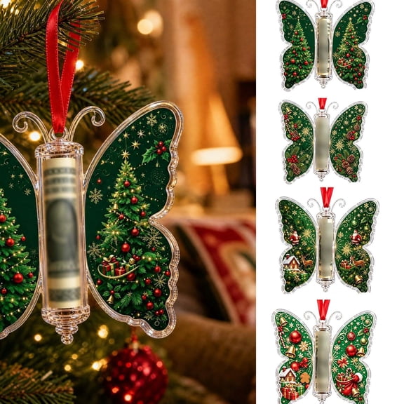 Christmas Cash Gift Ornament, Butterfly Christmas Money Holder Ornament with Center Cash Tube and Hanging Ribbon, Holiday Money Holder for Tree Decor and Gift Exchange