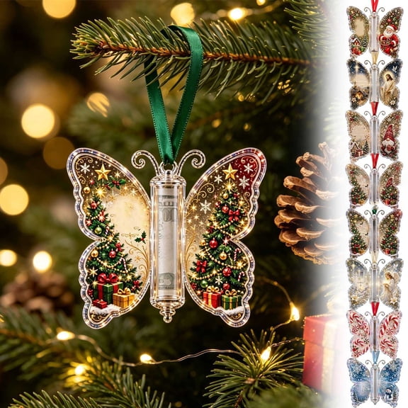 Christmas Cash Gift Ornament, Butterfly Hanging Cash Holder Keepsake with Center Cash Tube and Hanging Ribbon, Christmas Cash Keepsake for Tree and Gift Bags