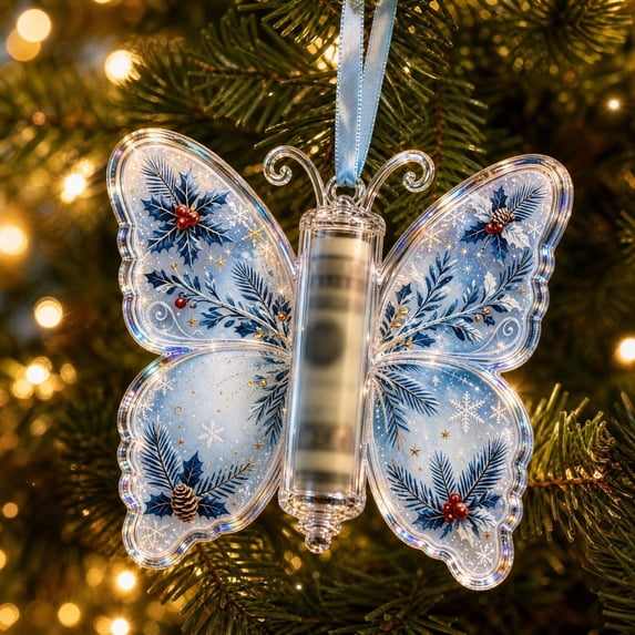Christmas Cash Gift Ornament, Plastic Butterfly Design B Cash Gift Holder, with Hanging Ribbon for Xmas Tree Wreath and Garland