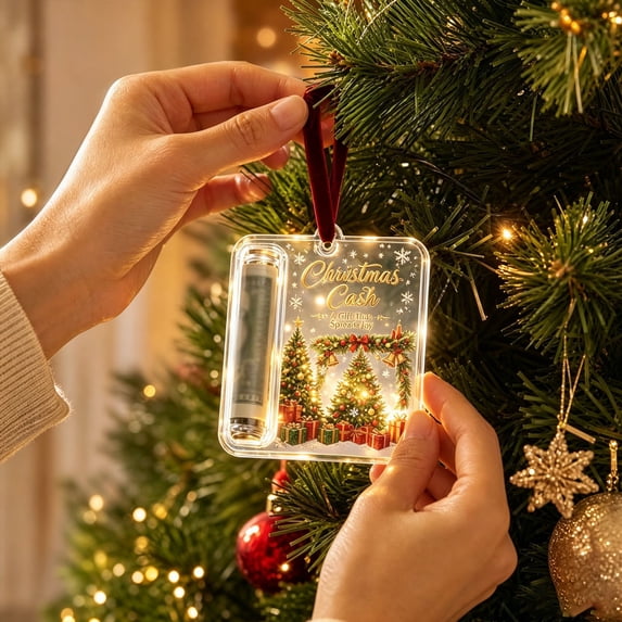 Christmas Cash Gift Ornament with Slot for Money or Gift Card | Clear Acrylic Hanging Pendant for Bills | Xmas Tree Holiday Party Decoration | Surprise Cash Holder for Family, Teachers, Coworkers