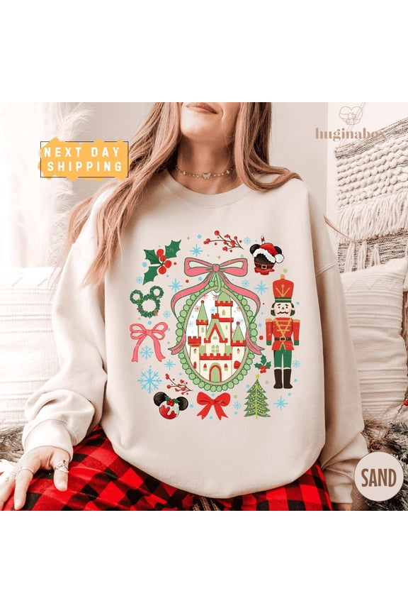 Christmas Castle Sweatshirt, Nutcracker Tree Pullover With Wreath, Holly Bows, And Mickey Treats, Vintage Holiday Wonderland Festive Sweater