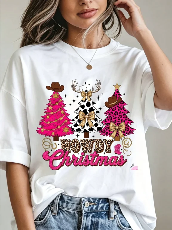 Christmas Casual T Shirt White Cowgirl Leopard Print Trees Rowdy Christmas Graphic Tee Holiday Party Wear