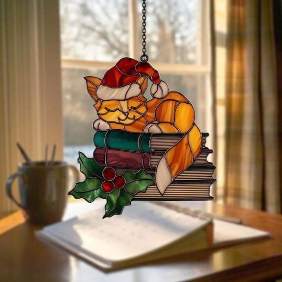 Christmas Cat Acrylic Suncatcher – Santa Hat Kitty Window Hanging, Cozy Holiday Decor, Cute Cat Lover Gift