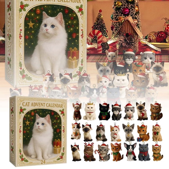 Christmas Cat Advent Calendar Holiday Countdown Gift Set with Kitten Figurine Hanging Design Kitty Tree Ornaments for Animal Lovers