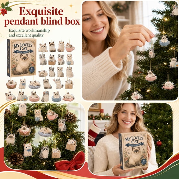 Christmas Cat Advent Countdown Blind Box Collectible 24Pcs Acrylic Kitty Hanging Pendants Xmas Tree Decor Holiday Surprise Gift Box For Cat Admirers One Box Set