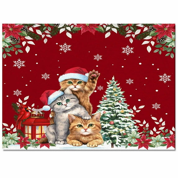 Christmas Cat Area Rug 2.7x5ft Winter Snowflake Xmas Tree Poinsettia Red Non-Slip Washable Square Rugs Soft Felt Indoor Floor Mat for Bedroom Kitchen Living Room Bathroom
