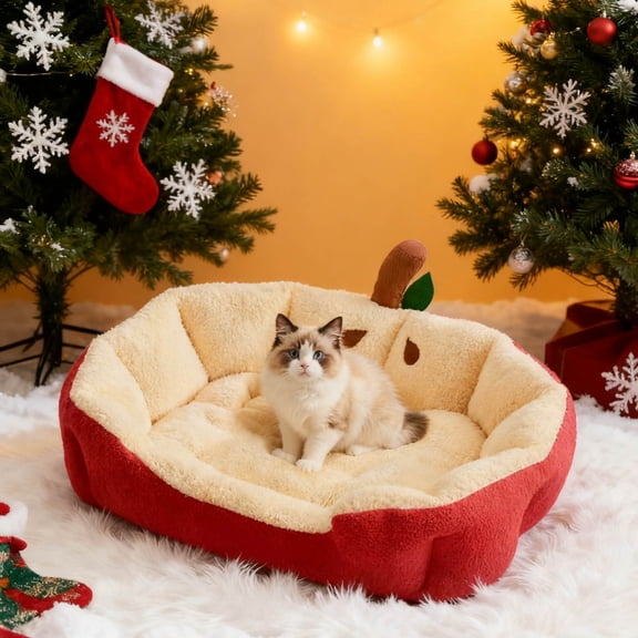 Christmas Cat Bed for Indoor Cats, Christmas Holiday Themed Pet Bed for Living Room Porch Patio Balcony Cat Sofa Beds Thermal Pet Pad for Indoor Outdoor Pets (S)