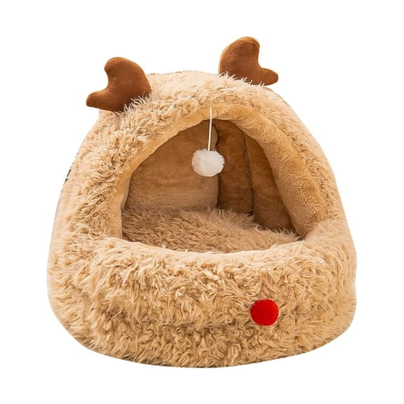 Christmas Cat Bed, Semi-Enclosed Reindeer Pet House for Winter Warmth, Soft Washable Cat Bed with Toy Ball, Large Space for Cats & Small Dogs