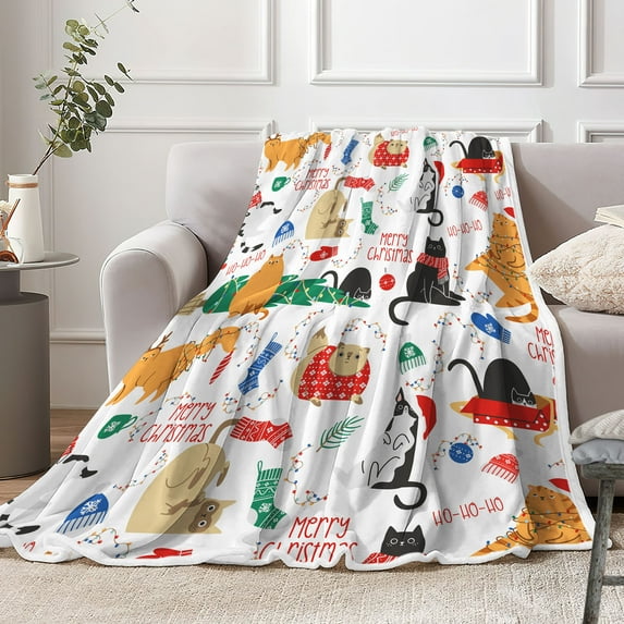 Christmas Cat Blanket for Cat Lovers, Funny Cute Xmas Cartoon Kitten Blankets for Kids Girls Women, Winter Holiday New Year Cozy Soft Flannel Throw Blanket for Sofa Couch Bed Travel Decor, 50X60IN