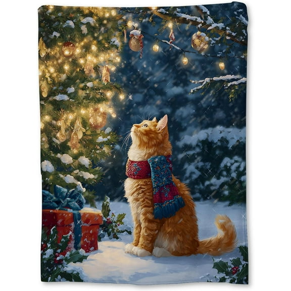 Christmas Cat Blanket Orange Kitten with Christmas Tree Lights Cozy Throw Blanket for Bed Couch or Home Decor Holiday Gift