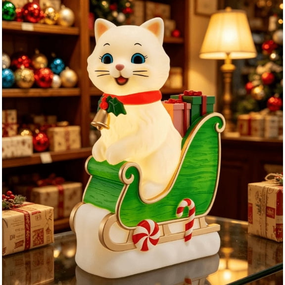 Christmas Cat Blow Mold Hat Light, Christmas LED Light Up Blow Mold Christmas Decoration Ornament Indoor&Outdoor Figure with Warm Glow Holiday Party for Tabletop Display