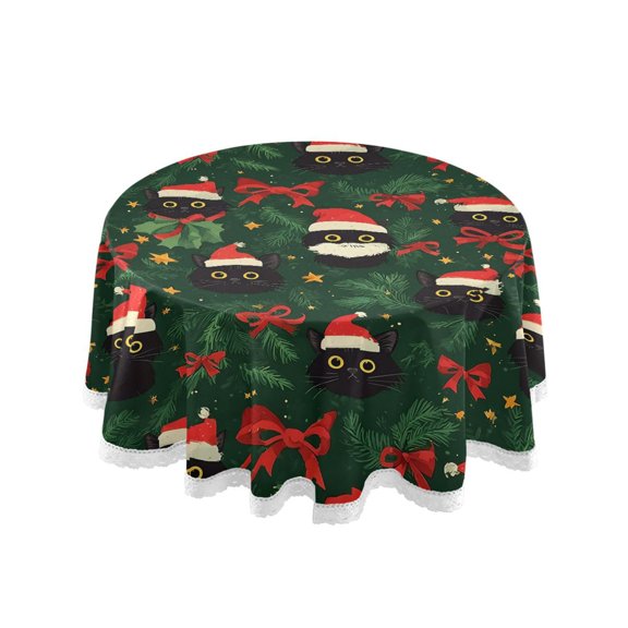 Christmas Cat Bow Pattern Round Lace Tablecloth 60 Inch Polyester Wrinkle Resistant Decorative