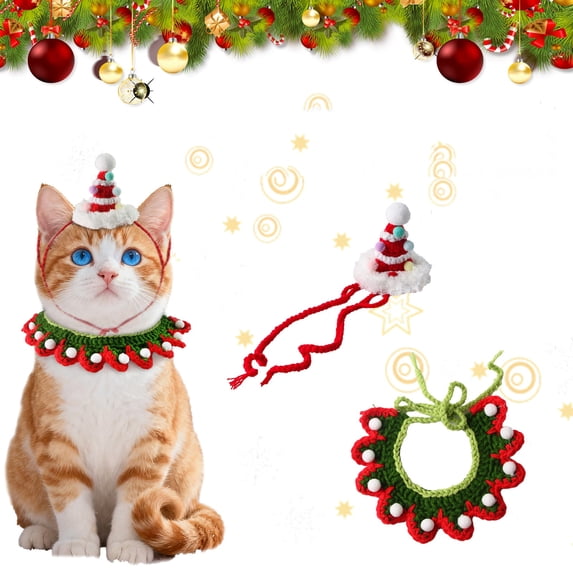Christmas Cat Clothes Set, Festive Knit Hat and Scarf CLothes for Cats & Small Dogs, Soft Pet Apparel for Holiday Photos, Christmas Decorations & Winter Parties B