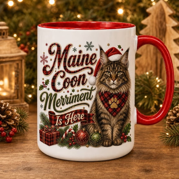Christmas Cat Coffee Mug Maine Coon Merriment Holiday Drinkware for Cat Lovers