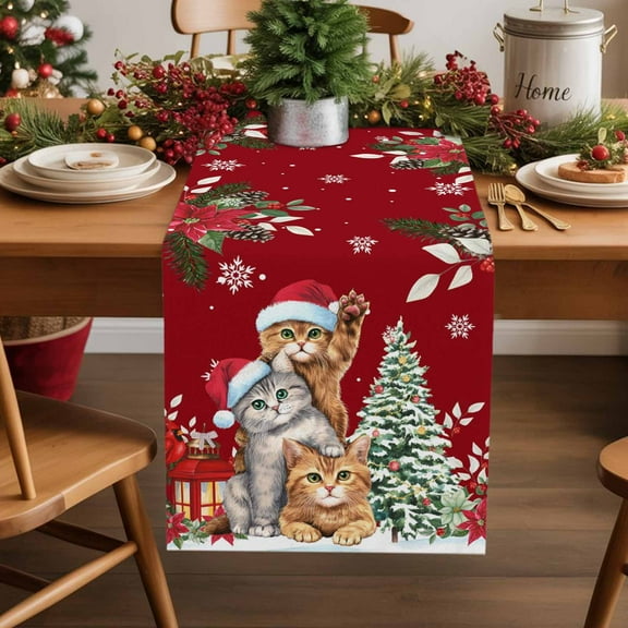Christmas Cat Cotton Linen Table Runner Winter Snowflake Xmas Tree Poinsettia Red Dining Table Runners for Home Decor Party Dining Room Restaurant Kitchen Party 13" x 36"