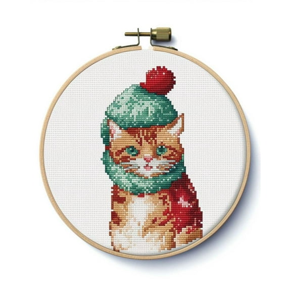Christmas Cat Cross Stitch Kits with Hoop for Beginners Stamped Cross-Stitch Supplies Needlework DIY 11CT 3 Strands Cotton Thread Printed DIY Needlepoint Kits 35×35cm (XU01)