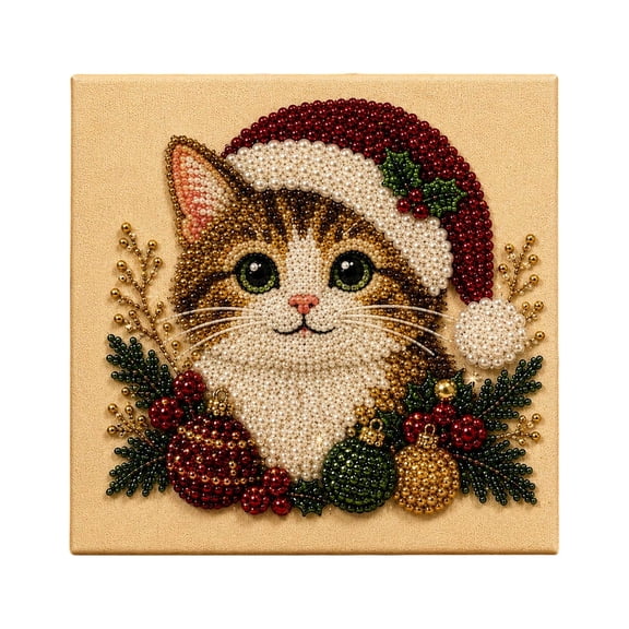 Christmas Cat DIY Pearl Painting Kit, 2D Diamond Art Craft for Adults Kids, Cute Kitten with Santa Hat 2D Mosaic Decor, Holiday Home Wall Hanging Gift