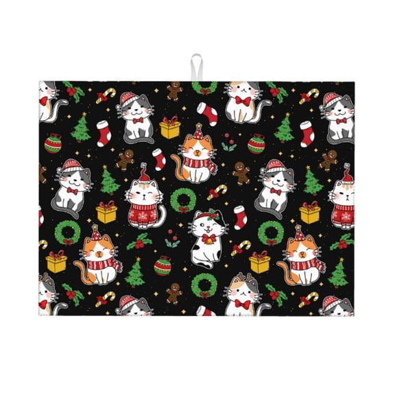 Christmas Cat Drying Mat 18” X 24” – Absorbent Microfiber Kitchen Counter Mat For Dishes, Utensils & Produce | Non-Slip, Quick-Dry, Machine Washable
