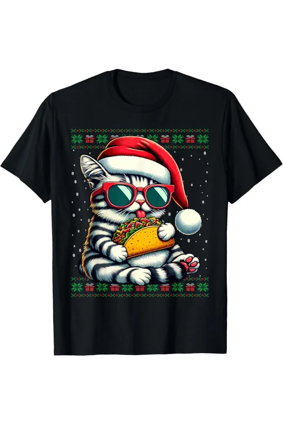 Christmas Cat Eating Taco Ugly Christmas Sweater Humor Unisex T-Shirt up to size 5XL