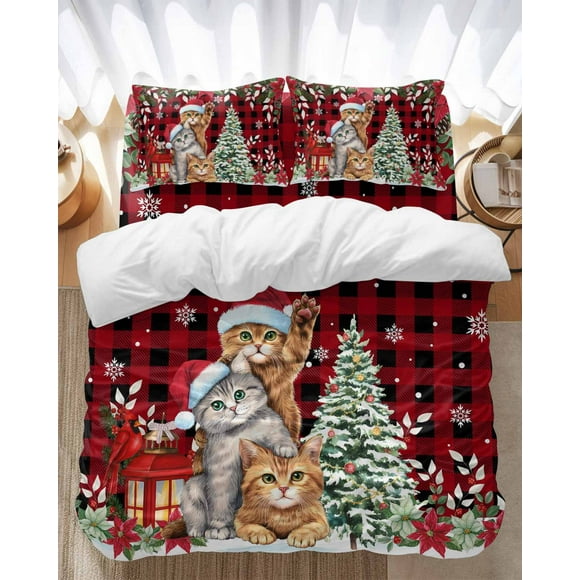 Christmas Cat Family Bedding Duvet Cover Set King 4 Pieces Xmas Tree Snowflake Red Black Plaid Red Flowers Bedding Set with Zipper Closure,1 Comforter Cover 92x106 In 1 Flat Sheet & 2 Pillow Cases