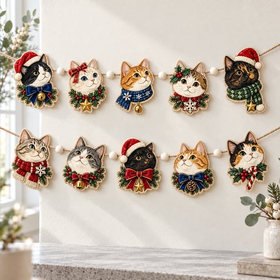Christmas Cat Garland, Festive Wood Window Banner for Holiday Decor