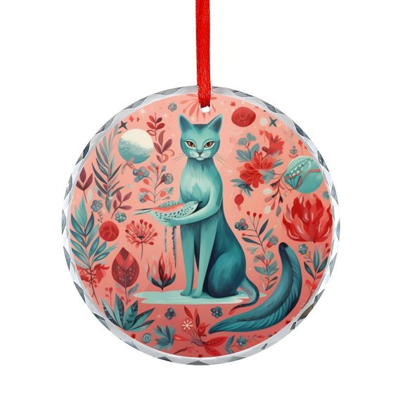 Christmas Cat Glass Ornament Funny Cat Round Glass Hanging Ornament Hanging Craft Collectibles for Xmas Trees Home Party Gifts for Family Couples Friends