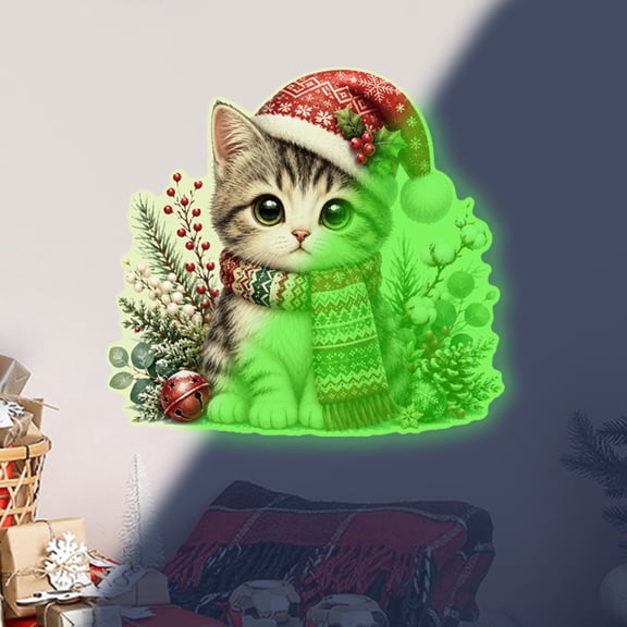Christmas Cat Glow-in-the-Dark Wall Stickers, Luminous Decorative Decals for Window Door Wall Bedroom and Holiday Home Decor