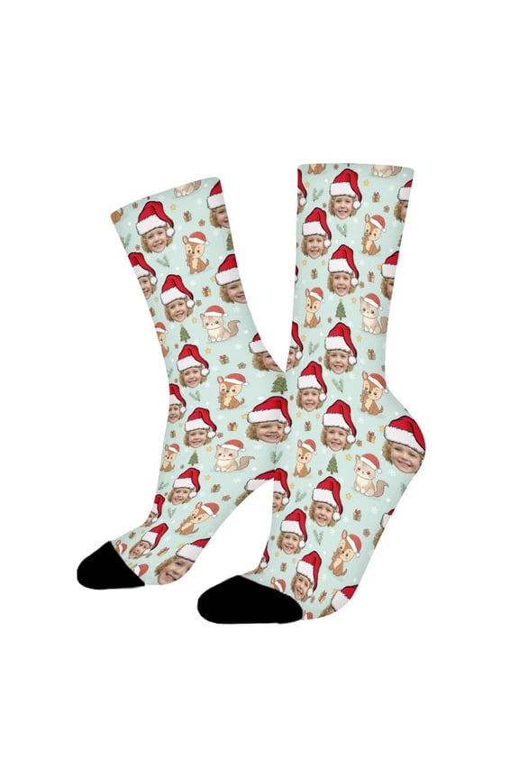 Christmas Cat Hats Custom Face Socks Funny Novelty Crew Socks for Women Men Sports