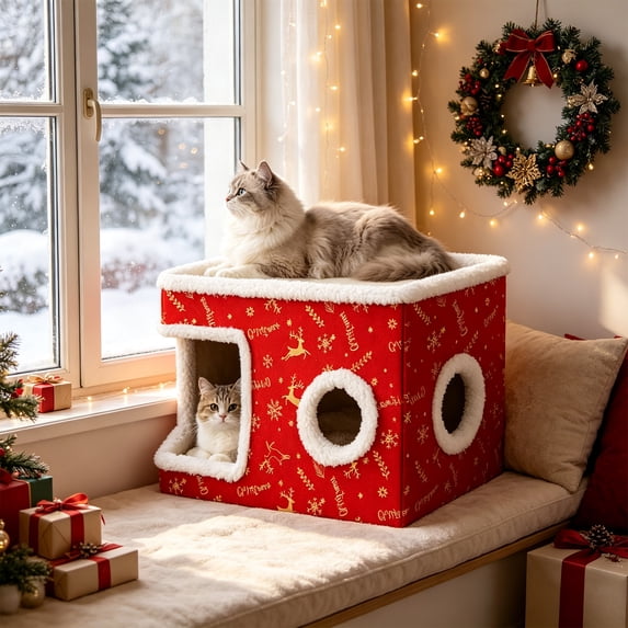 Christmas Cat Houses for Indoor Cats with Fluffy Ball and Scratch Pad ...