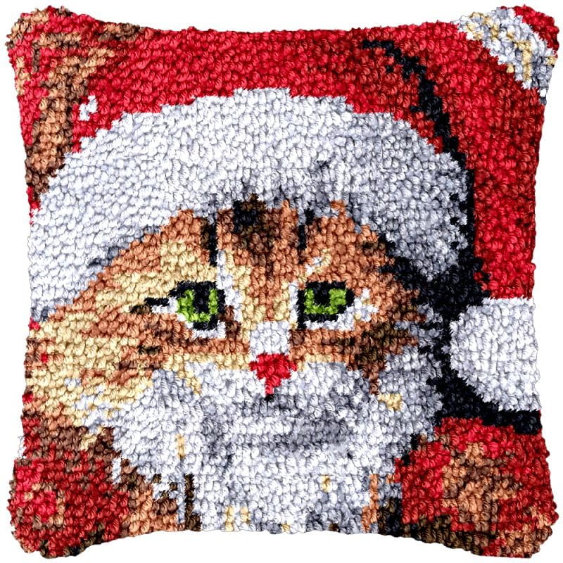 Christmas Cat Latch Hook Pillow Cover Kits for DIY Cushion Cross Stitch Crochet Hooking Latch Hook Pillowcase Rug Kits with Preprinted Canvas Crochet Yarn Kits Needlework Crafts 17'' X 17''