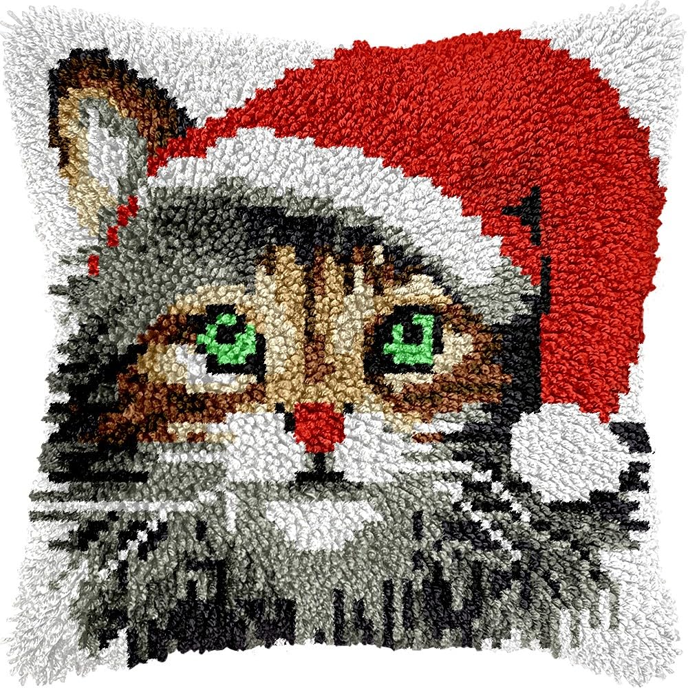 Christmas Cat Latch Hook Pillow Kits for DIY Handmade Throw Pillow Cushion Embroidery Latch Hooking Pillowcase Kits with Preprinted Canvas Crochet Yarn Kits 17''X 17''(g20)