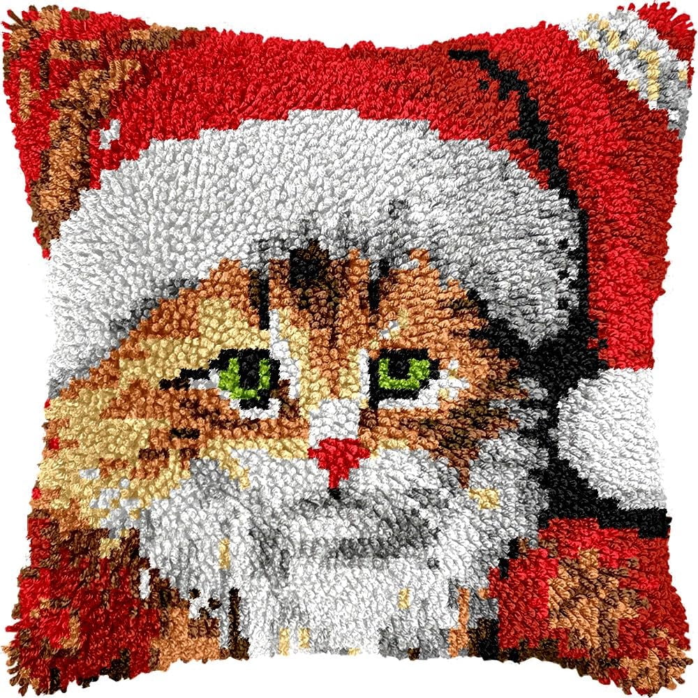 Christmas Cat Latch Hook Pillow Kits for DIY Throw Pillow Cushion Embroidery Latch Hooking Pillowcase Kits with Preprinted Canvas Crochet Yarn Kits for Home Decor 17''X 17''(j17)