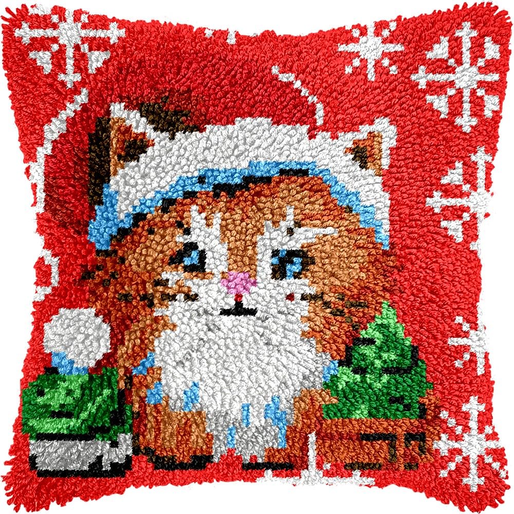Christmas Cat Latch Hook Pillow Kits for DIY Throw Pillow Cushion Embroidery Latch Hooking Pillowcase Kits with Preprinted Canvas Crochet Yarn Kits for Home Decor 17''X 17''(j22)