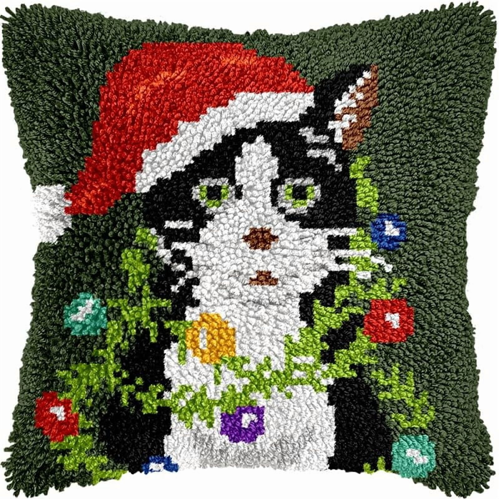 Christmas Cat Latch Hook Pillow Kits Pillow Cover with Pattern Printed Canvas Crochet Cross Hooking Pillowcase Cushion Crafts Embroidery Latch Hooking Crochet Kits 17x17 inch(142)