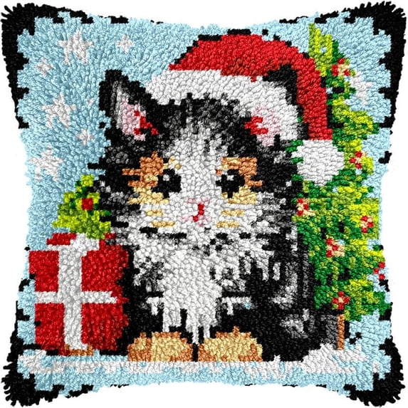 Christmas Cat Latch Hook Pillows Kits Cushion Pillow Cover with Pattern Printed Canvas Sofa Hooking Pillows Crafts Embroidery Latching Hooking Crochet Kits 17x17 inch(54)